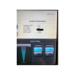 2014 Syneron Candela Elos Plus touchscreen displaying system information and pulse counts