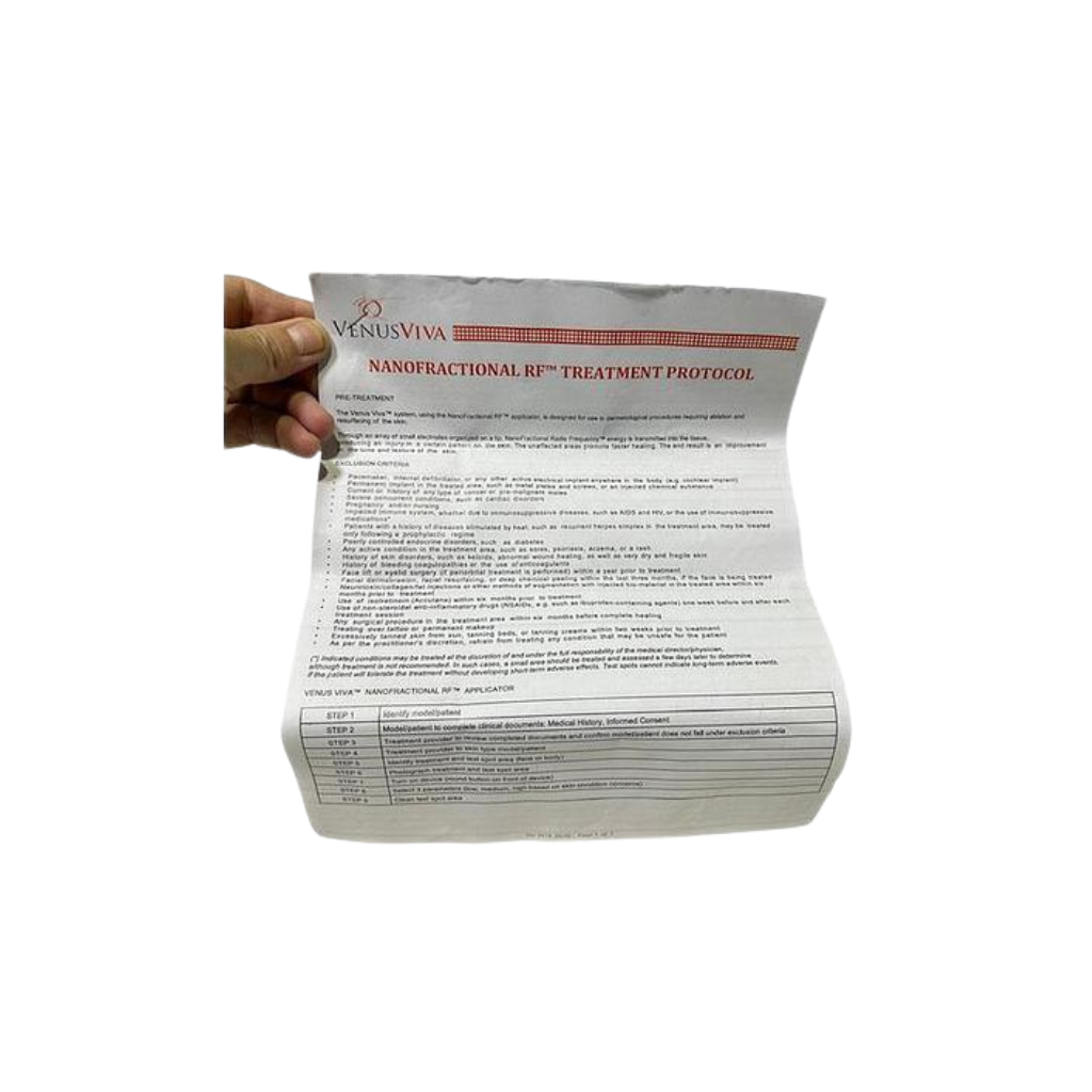 2015 Venus Viva treatment protocol view showing a hand holding a printed treatment protocol document