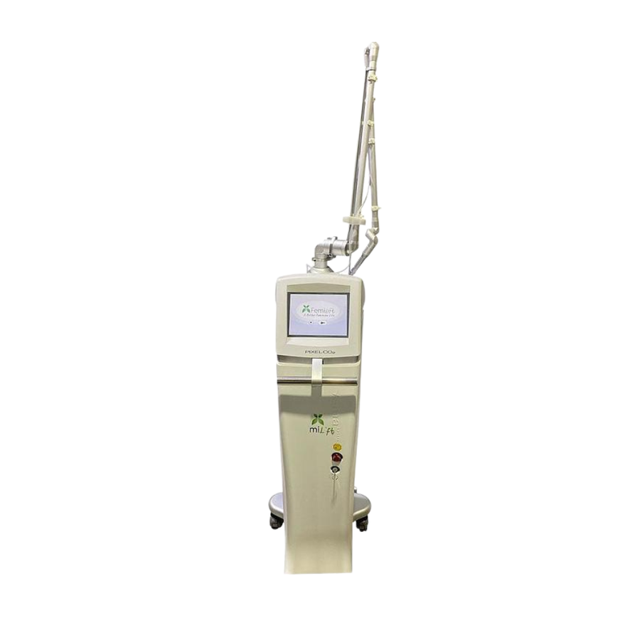 2016 Alma Pixel Co2 Femilift front view showing the upright body with display screen, articulated arm, and rolling base