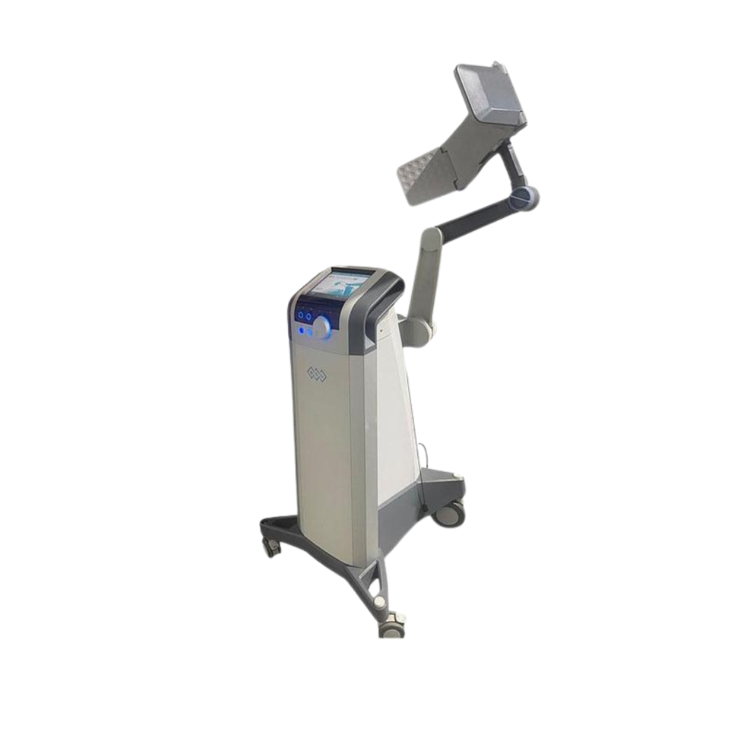 2017 BTL Vanquish ME left side view showing the upright body with display screen, articulated arm, and rolling base