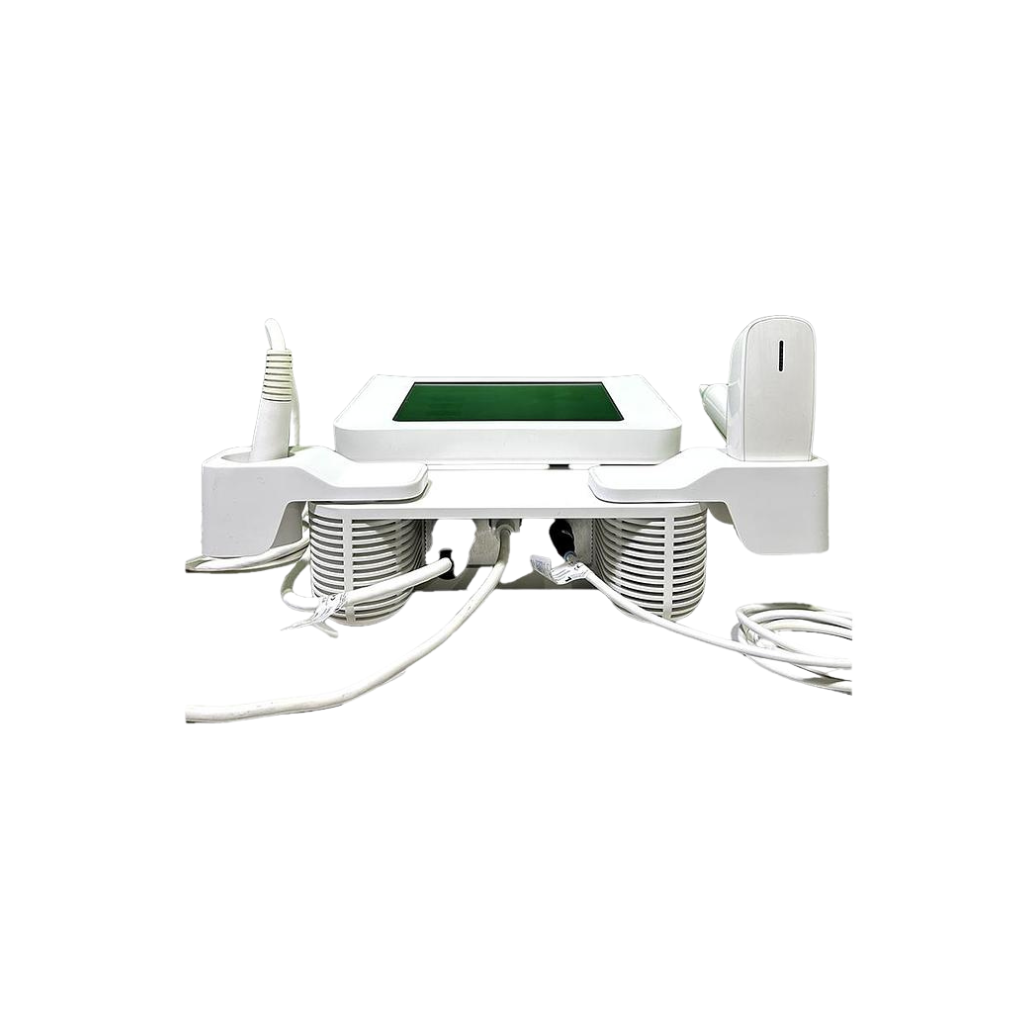 2017 Venus Viva back view showing the compact triangular body with handpiece holder and coiled cables attached