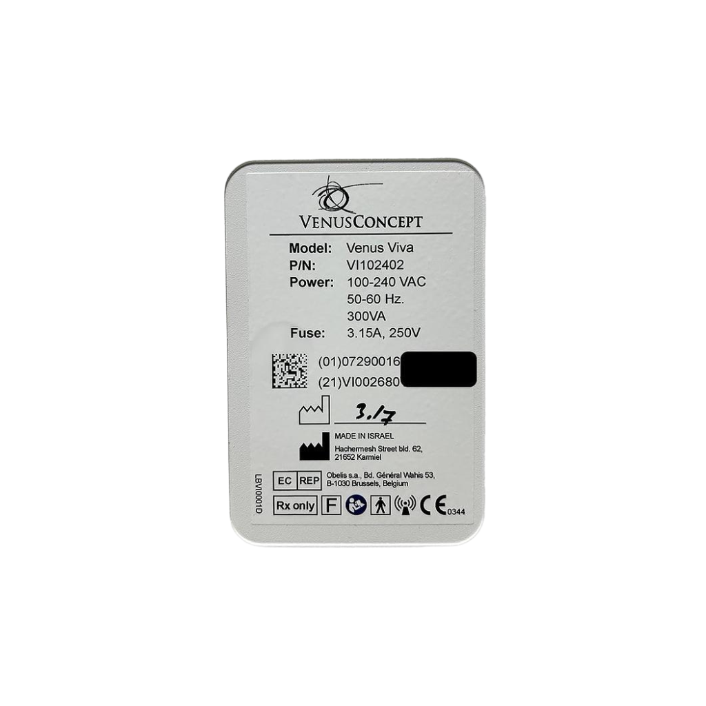 2017 Venus Viva serial number view showing the rear label with model, power rating, and manufacturer information