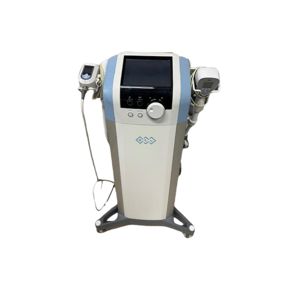 2018 BTL Exilis Ultra360 Femme front view showing the upright body with display screen, control dial, and two treatment applicators attached