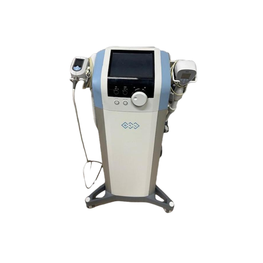 2018 BTL Exilis Ultra360 Femme front view showing the upright body with display screen, control dial, and two treatment applicators attached
