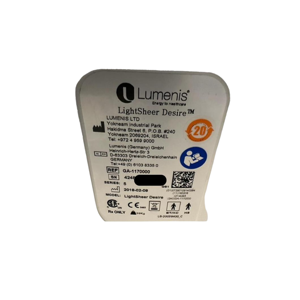 2018 Lumenis Desire XC_HS805_HS1060_ET serial number view showing the rear label with model, safety certification icon, and manufacturer information