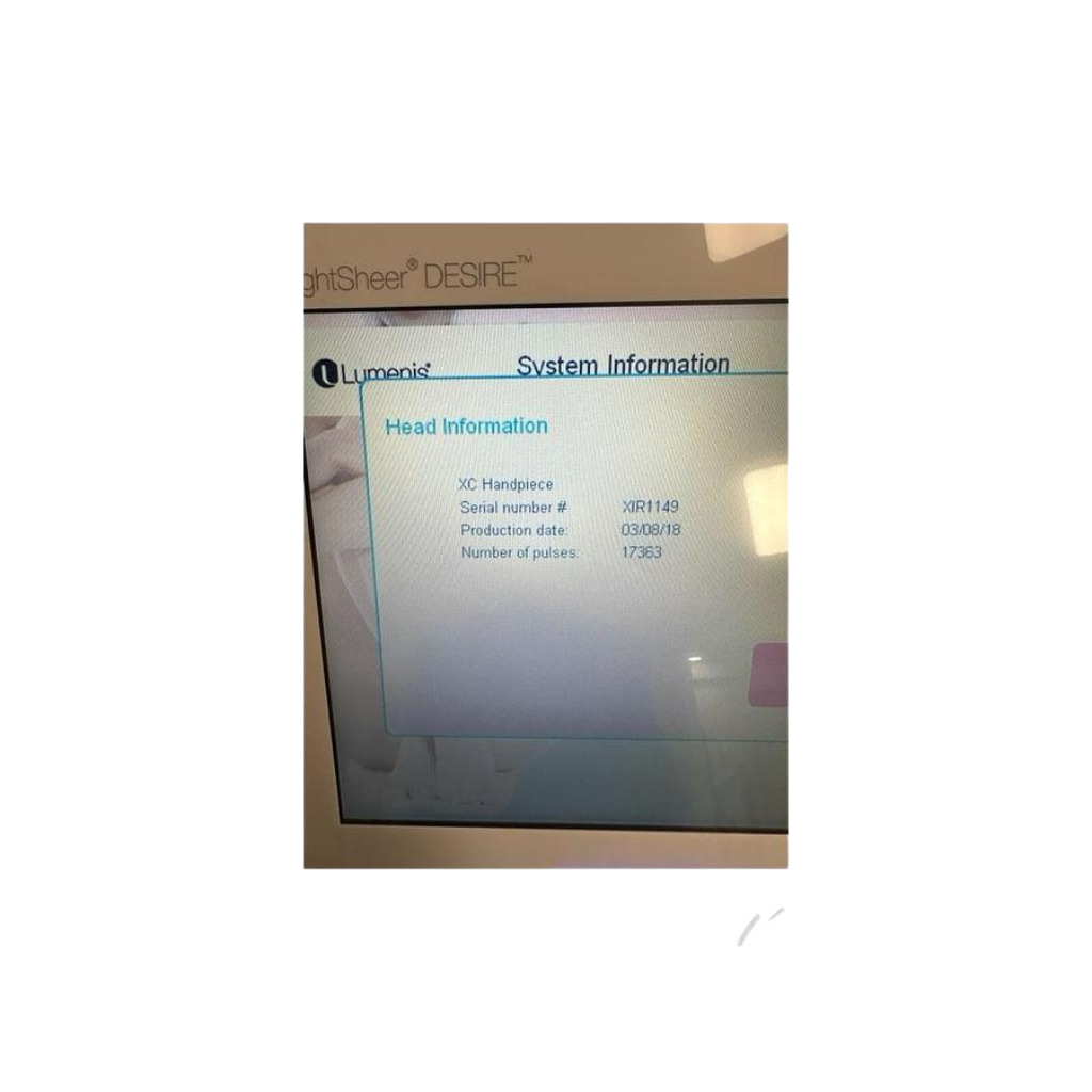 2018 Lumenis LightSheer Desire screen view showing the display screen with system information and head details listed