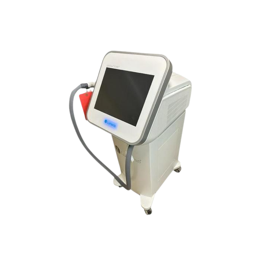 2018 Lumenis LightSheer Desire side view showing the upright body with display screen, red safety key, and handpiece cable attached