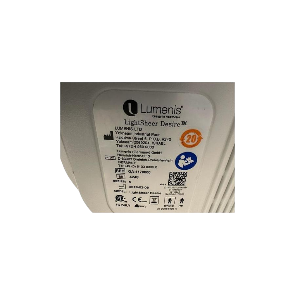 2018 Lumenis LightSheer Desire serial number view showing a close-up of the manufacturer label with certification icons