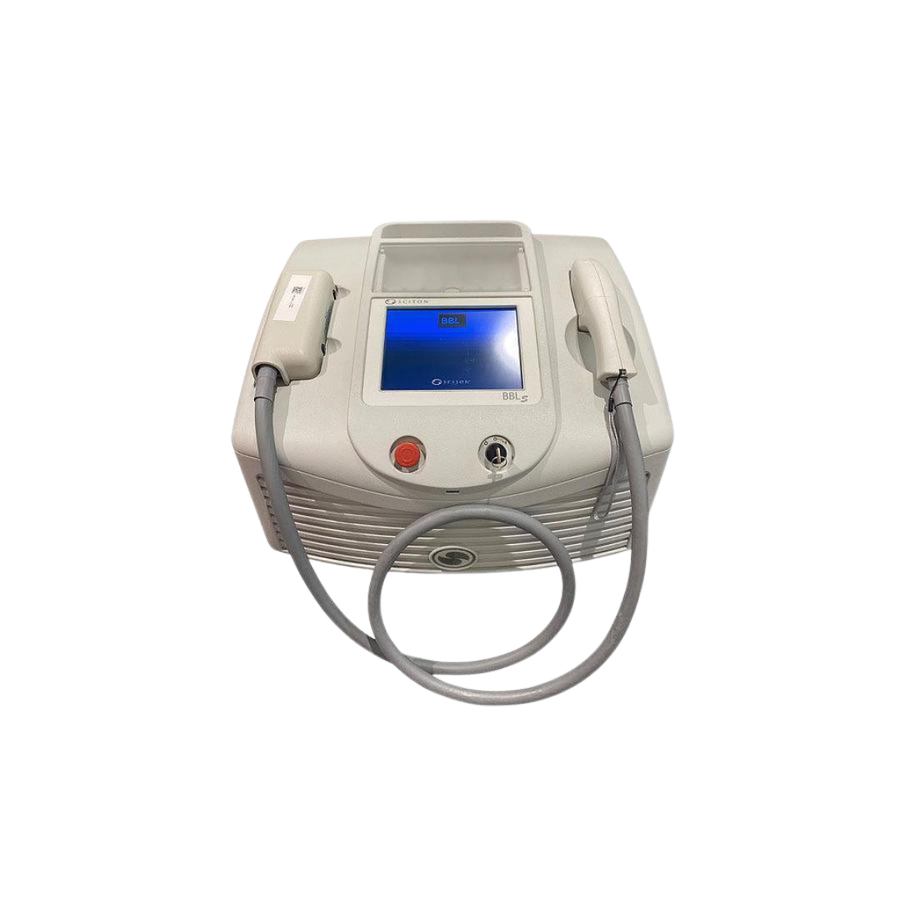 2018 Sciton BBLs front view showing the compact body with display screen, control buttons, and handpiece cable attached