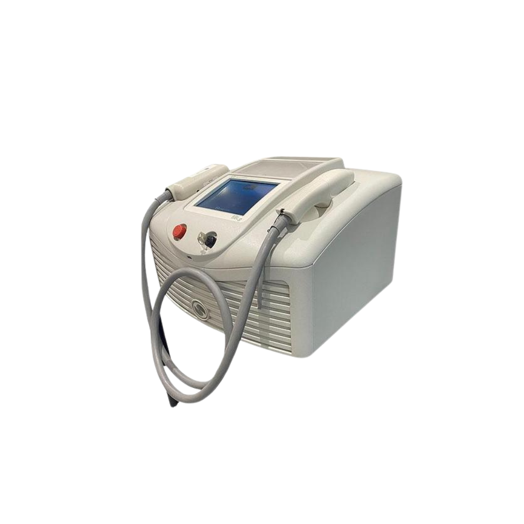 2018 Sciton BBLs left side view showing the compact body with display screen, red control button, and handpiece cable