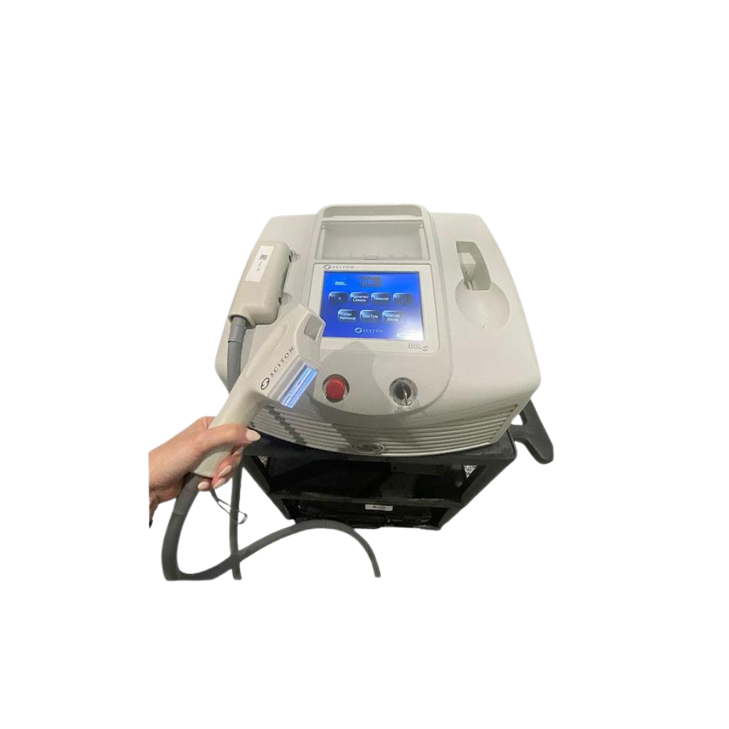 2018 Sciton BBLs screen view showing a hand holding the handpiece with display screen active on the device body
