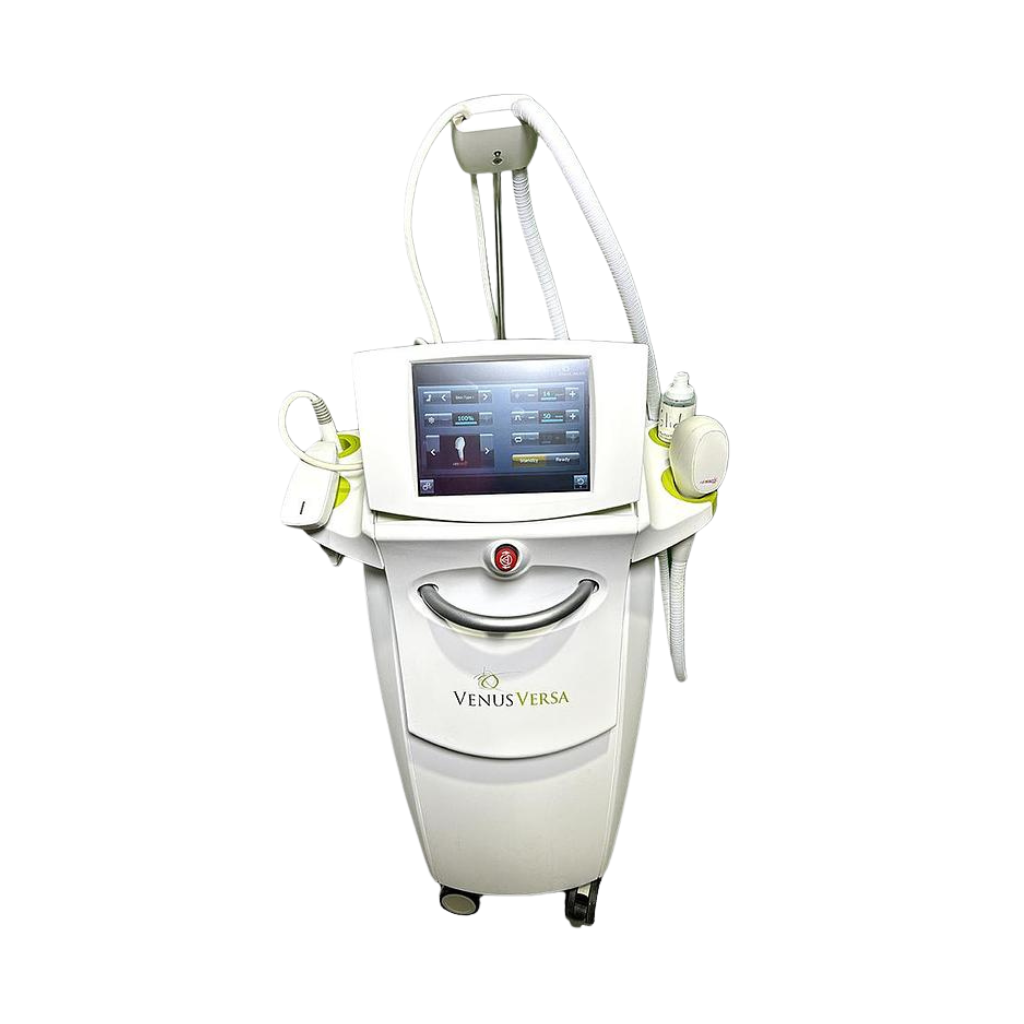 2018 Venus Versa front view showing the upright body with display screen, multiple handpiece holders, and rolling base