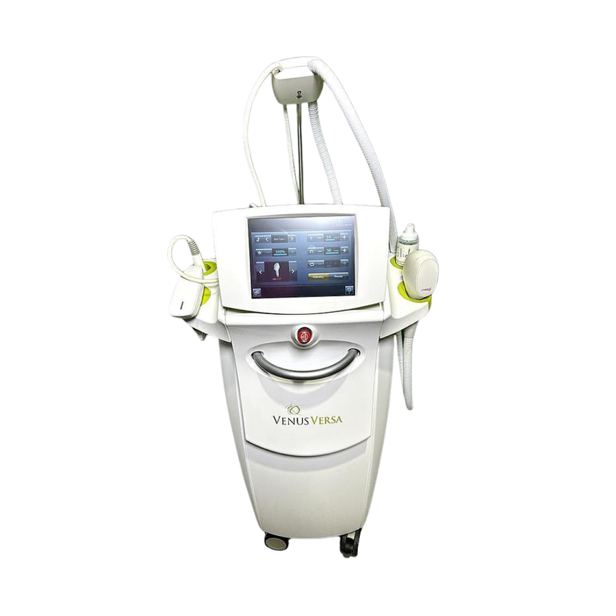 2018 Venus Versa front view showing the upright body with display screen, multiple handpiece holders, and rolling base
