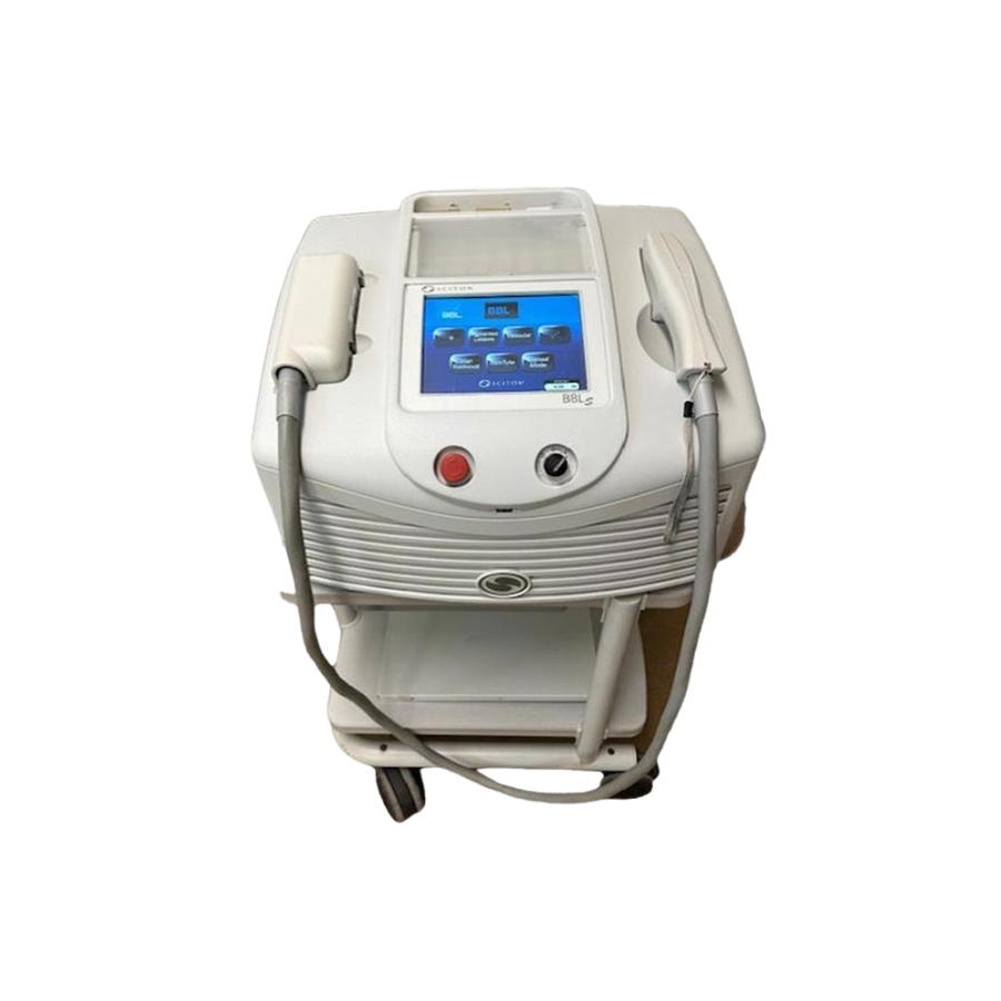 2019 Sciton BBLS ST2 Forever Young front view showing the compact body with display screen, handpiece, and red control button