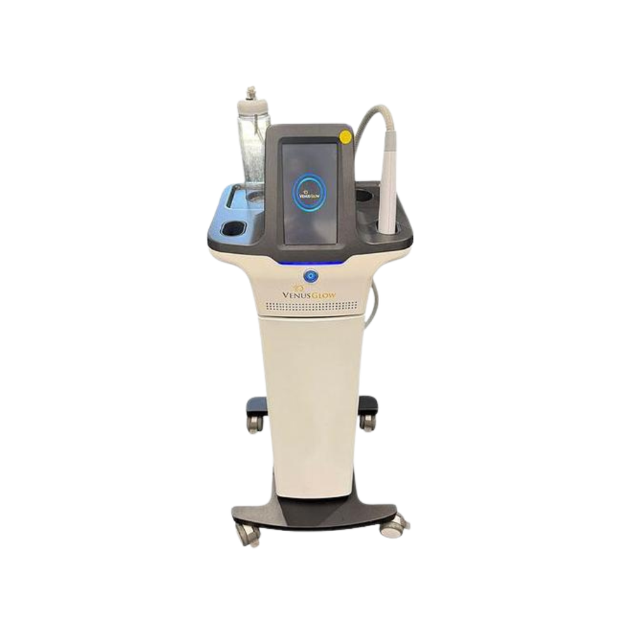 2019 Venus Glow front view showing the upright body with display screen, handpiece cable, and rolling base