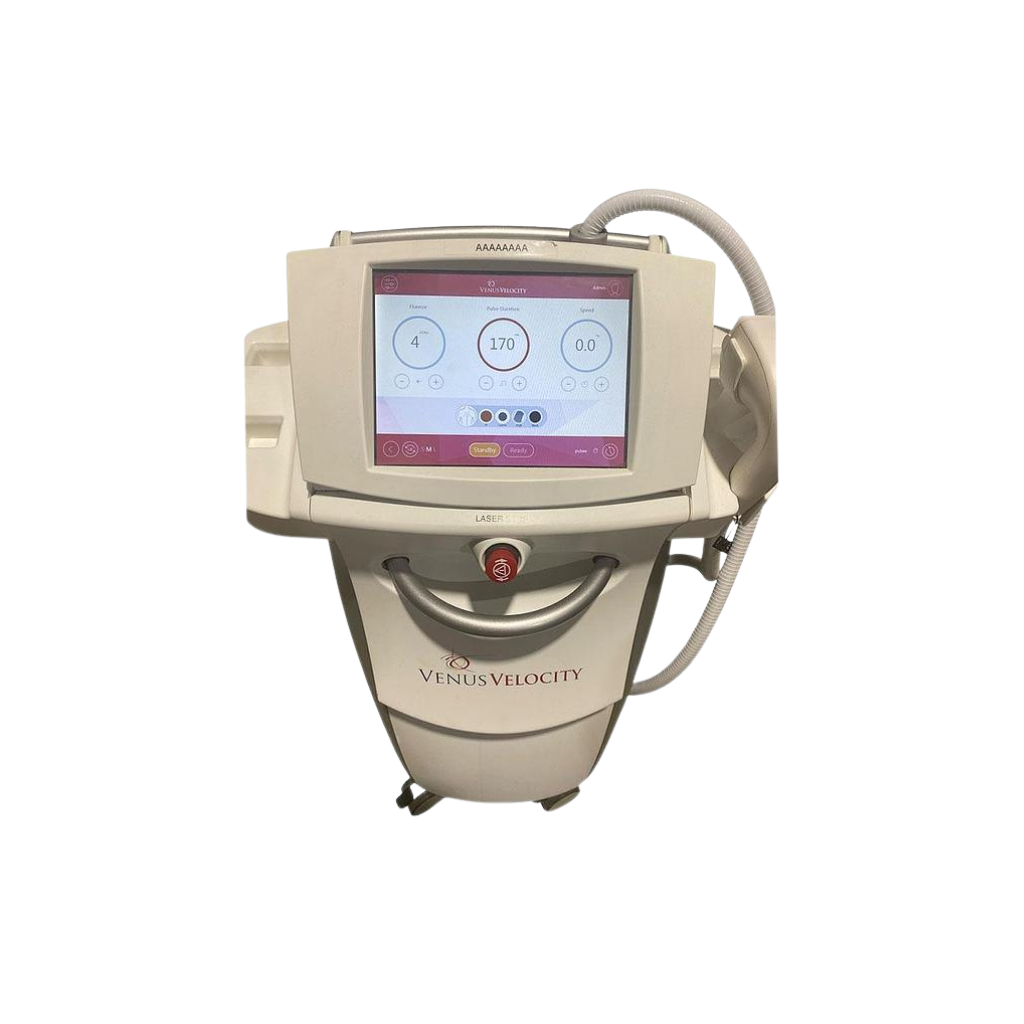 2019 Venus Velocity screen view 2 showing the display screen with treatment icon graphics and handpiece attached