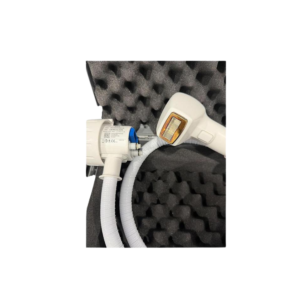InMode Optimas Pre-Owned (2020) handpiece with white hose and connector nested in black foam insert