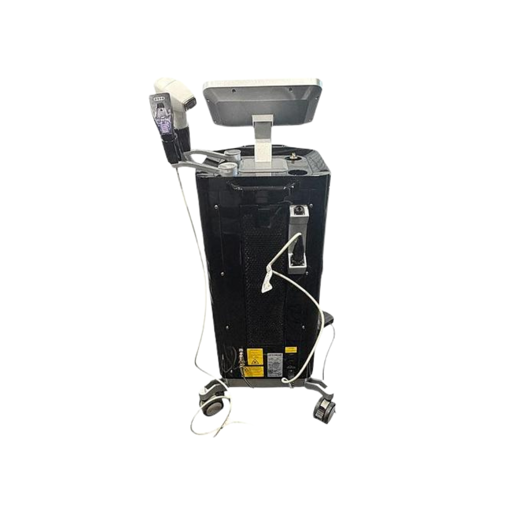 Rear view of pre-owned 2020 InMode Optimas system on wheeled cart with cables and handpiece holder