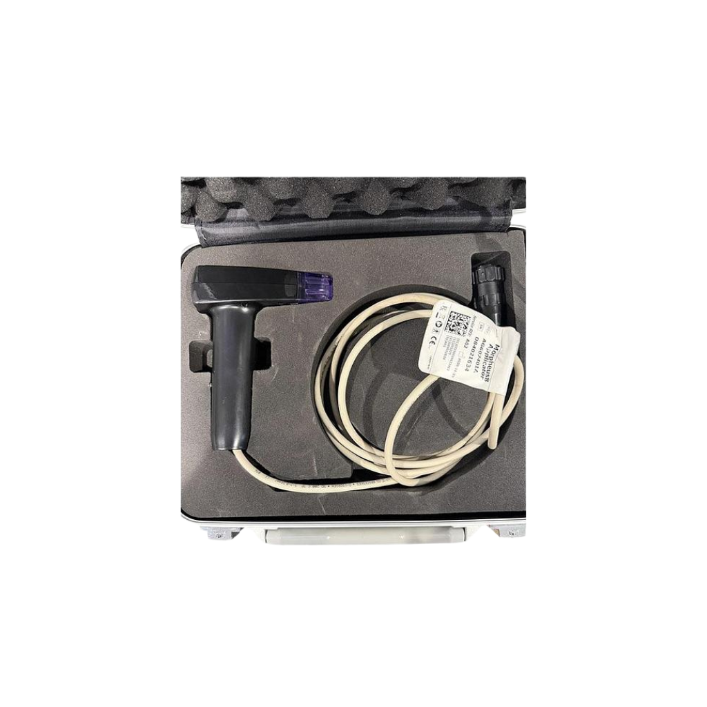 Black InMode Optimas applicator handpiece with coiled cable and accessories in foam-lined hard case, pre-owned 2020