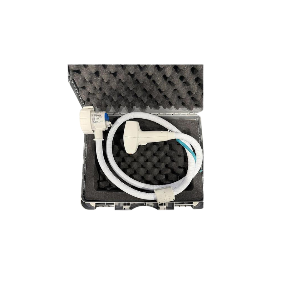Pre-owned 2020 InMode Optimas IPL handpiece with white umbilical cable stored in foam-lined hard case