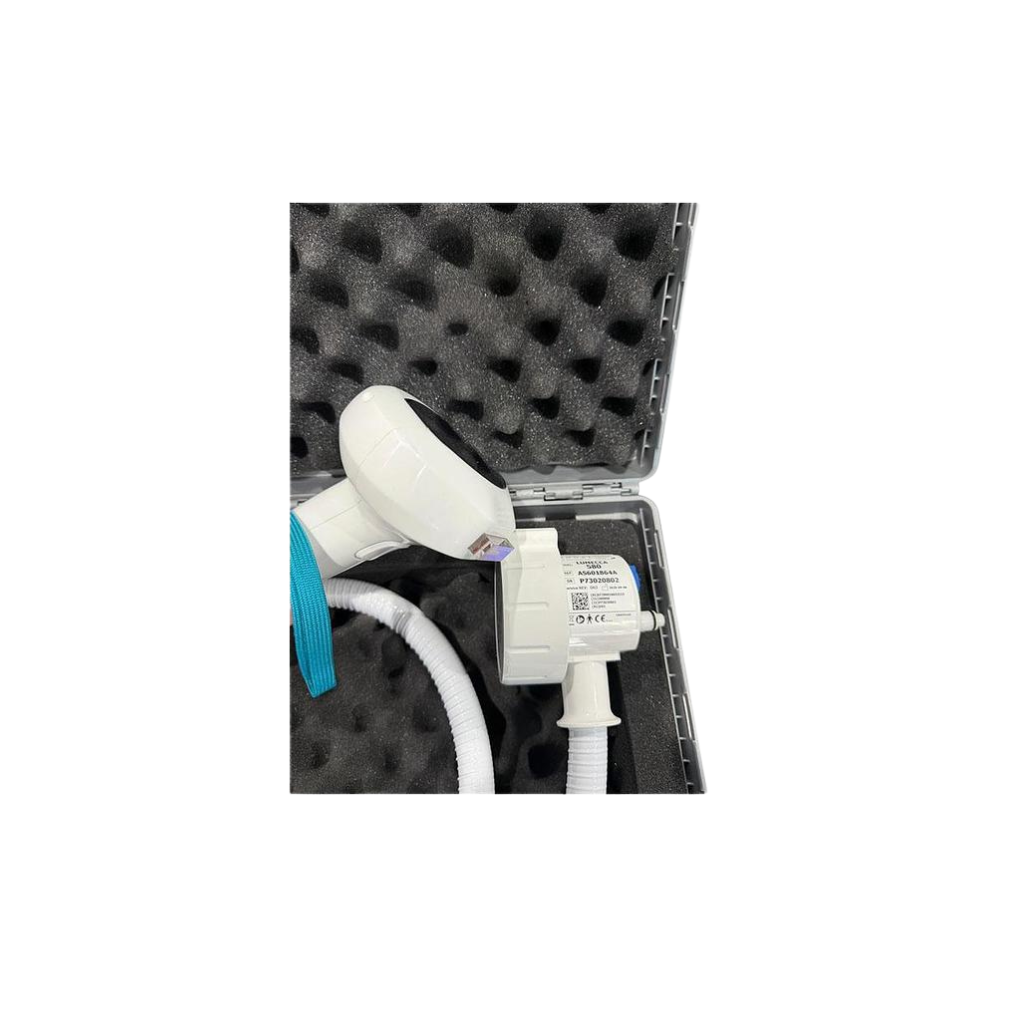 InMode Optimas Pre-Owned (2020) handpiece with blue trim and coiled cable in foam-lined carrying case
