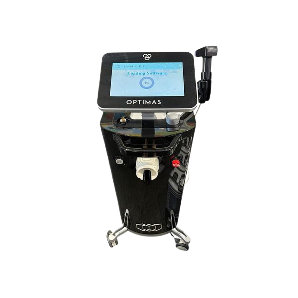 Front view of pre-owned 2020 InMode Optimas multi-application platform with touchscreen and handpiece holder