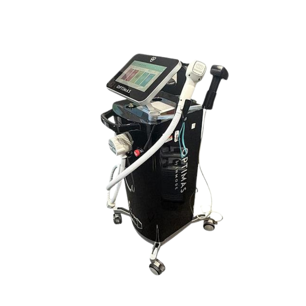 Left side view of InMode Optimas Pre-Owned (2020) on rolling cart with touchscreen and attached handpiece