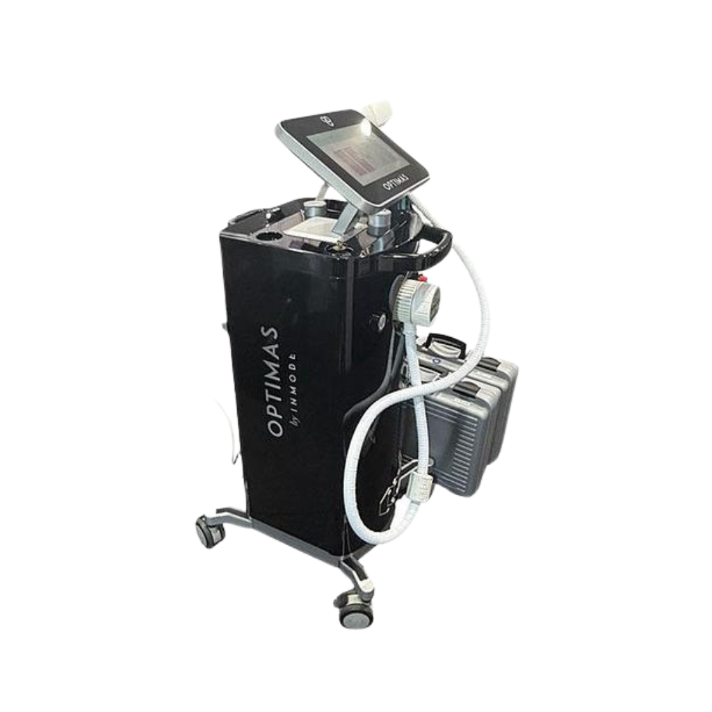 Right side view of InMode Optimas Pre-Owned (2020) showing Optimas branding, touchscreen, and handpiece cable
