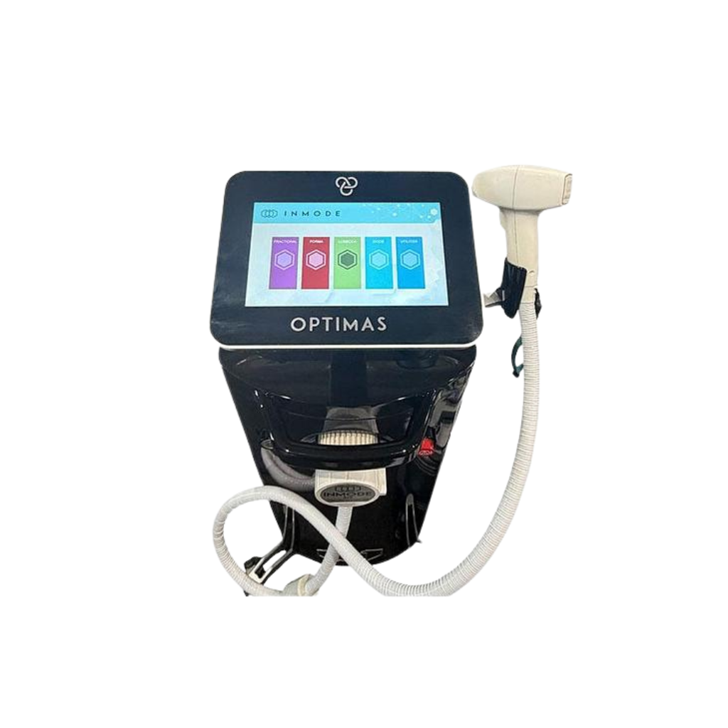 Top of InMode Optimas Pre-Owned (2020) console with touchscreen, handpiece holder, and white handpiece cable