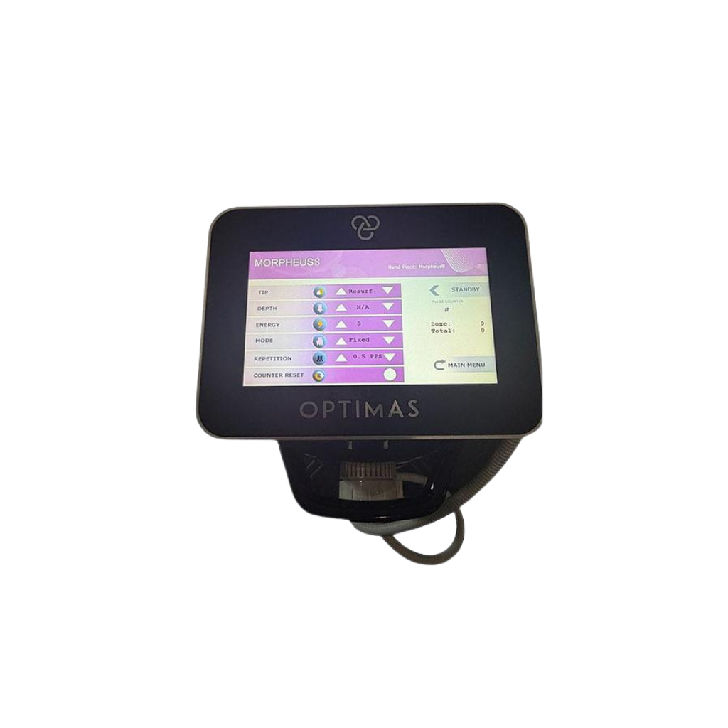 InMode Optimas Pre-Owned (2020) touchscreen console displaying the treatment settings interface
