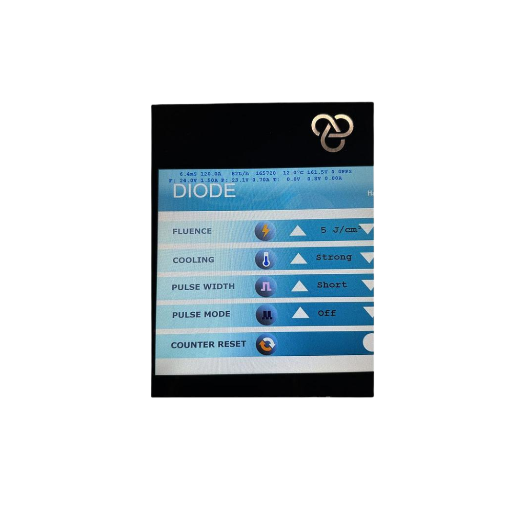 Close-up of InMode Optimas touchscreen showing fluence, cooling, pulse width, and pulse mode controls