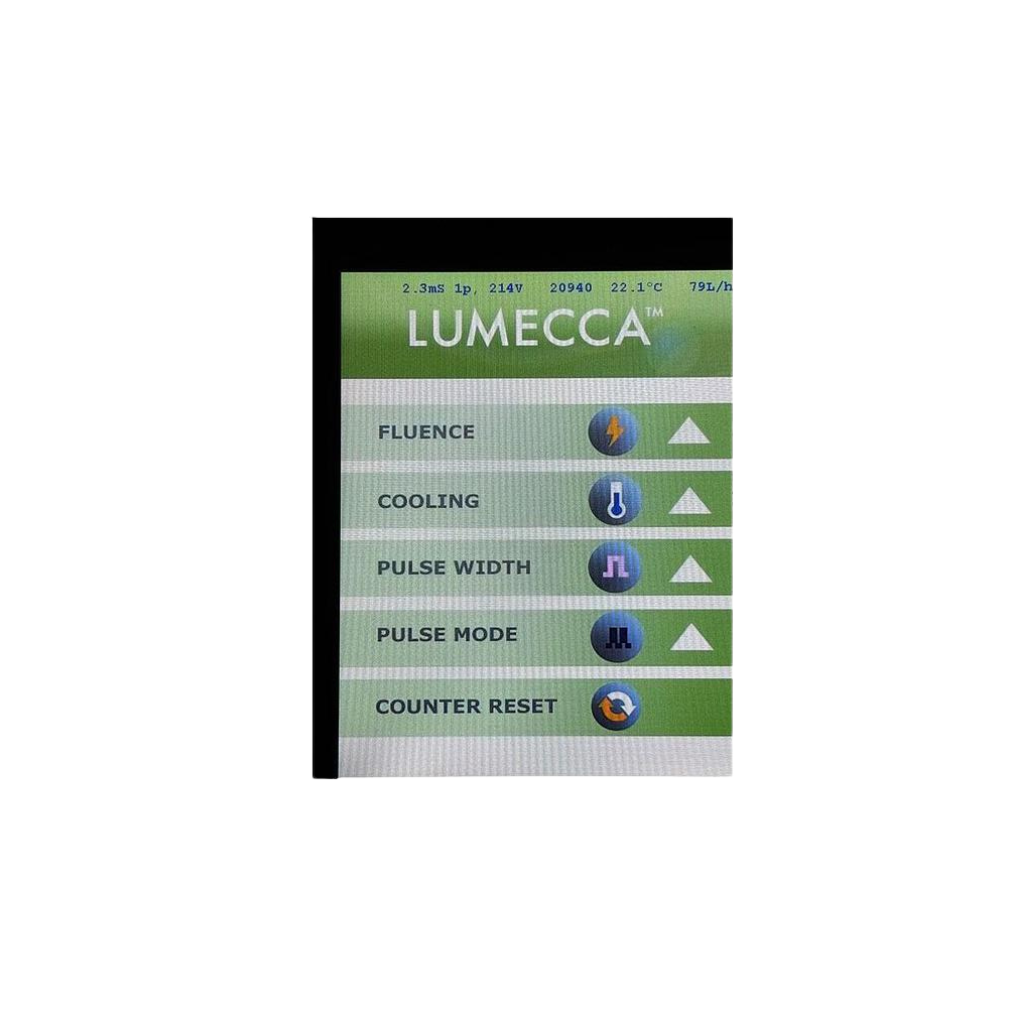 Lumecca IPL treatment screen on InMode Optimas Pre-Owned (2020) with fluence, cooling, pulse width, pulse mode, and counter reset
