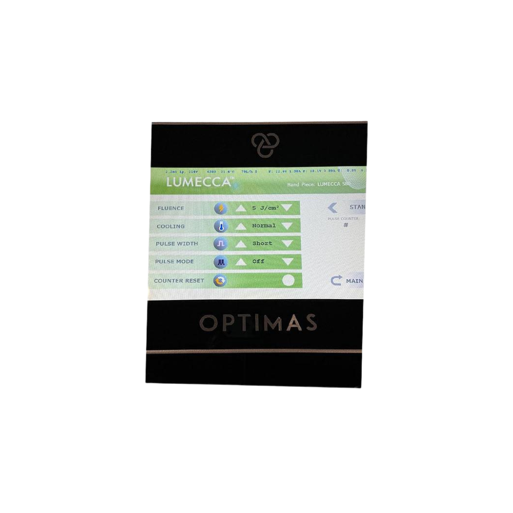 InMode Optimas Pre-Owned (2020) Lumecca settings screen above the Optimas logo on the console