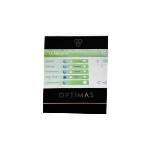 InMode Optimas Pre-Owned (2020) Lumecca settings screen above the Optimas logo on the console