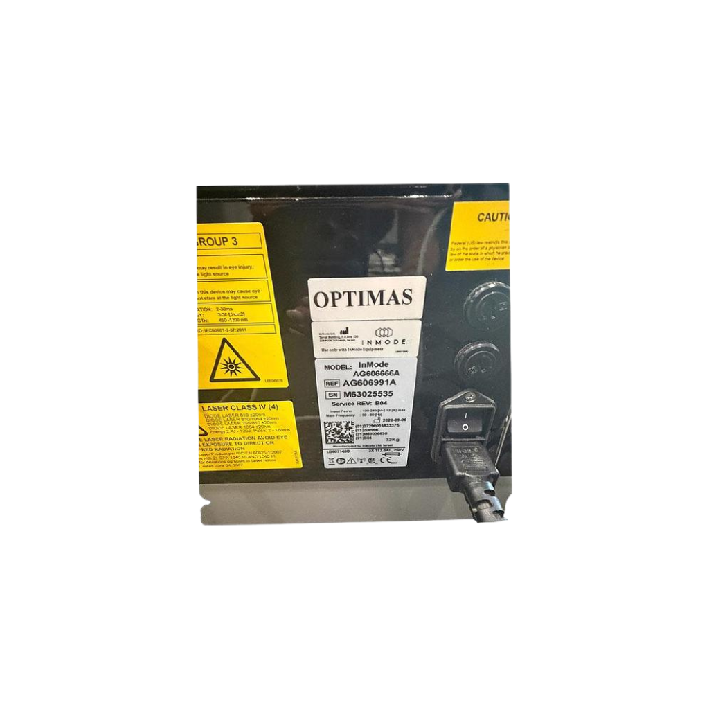 Manufacturer label on pre-owned 2020 InMode Optimas showing model information and safety warnings