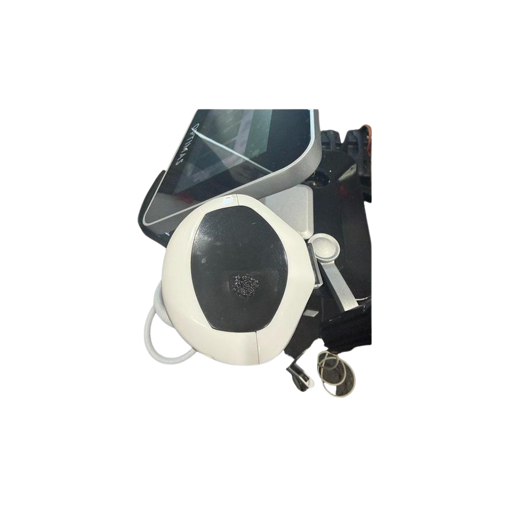 Top view of InMode Optimas Pre-Owned (2020) showing touchscreen and white applicator handpiece in holder