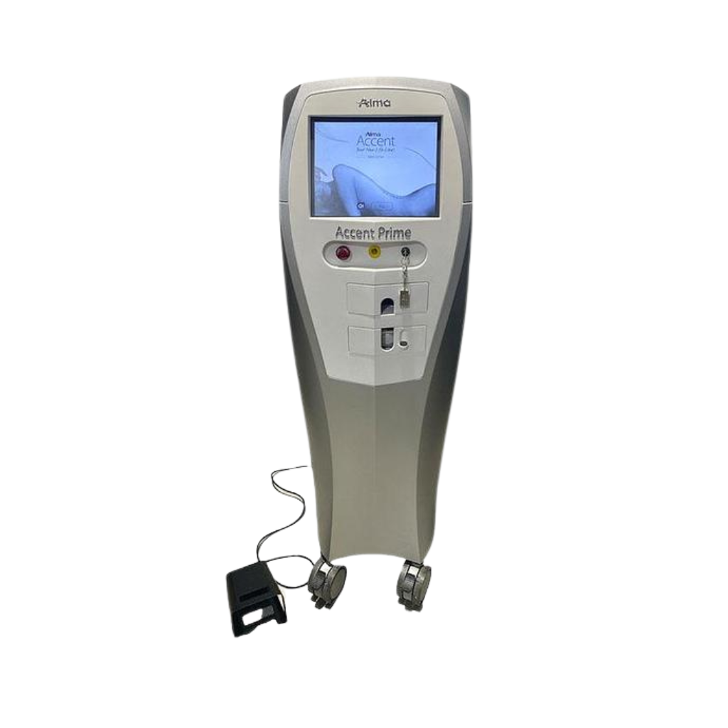 2020 Alma Accent Prime front view showing the upright body with display screen, control panel, and handpiece cable attached