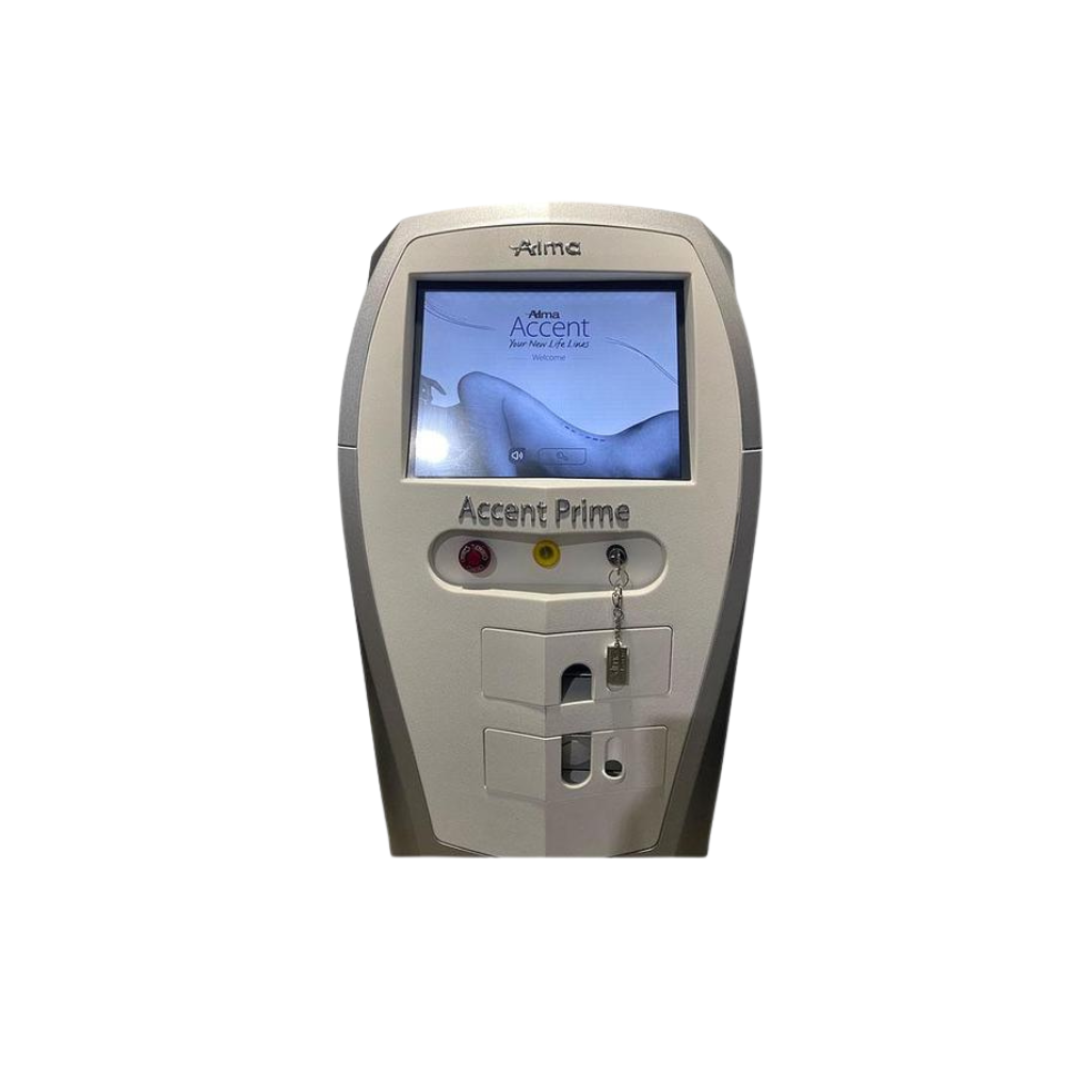 2020 Alma Accent Prime screen view showing the display screen with control panel and handpiece cable attached