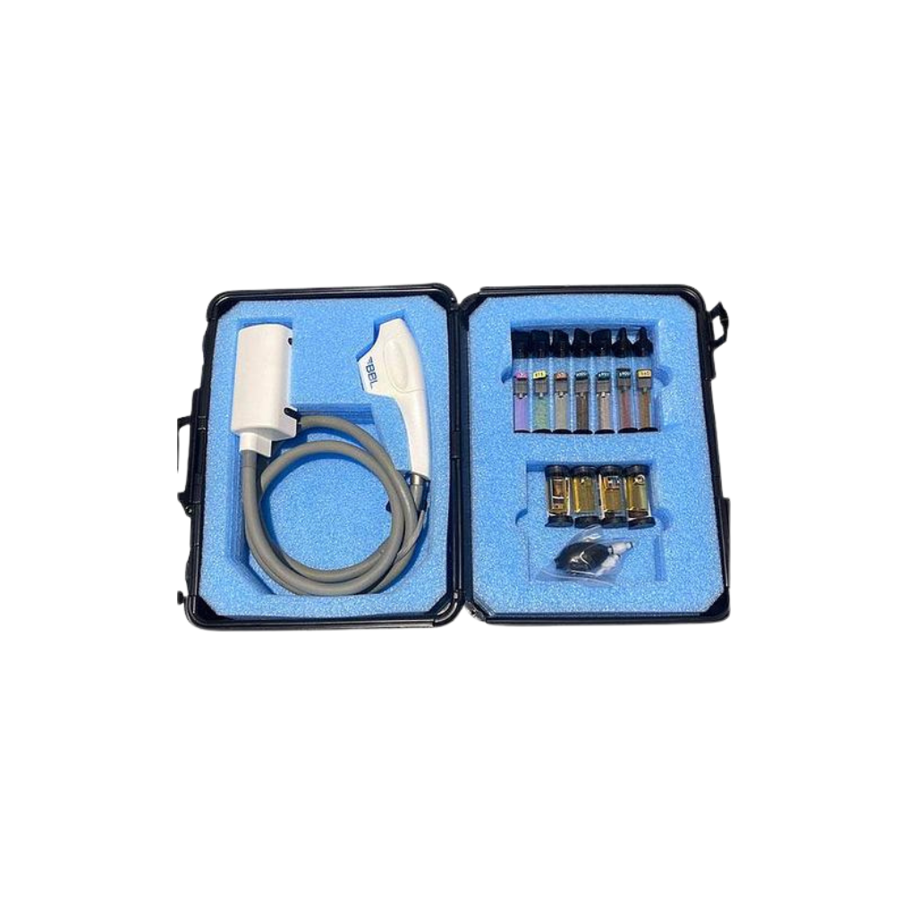2020 Sciton mJoule with Moxi_BBL_HERO attachments view showing a handpiece, coiled cable, and filter cartridges in an open blue carrying case