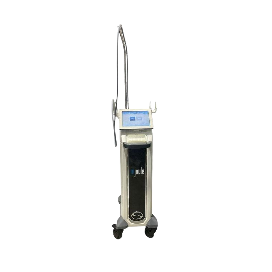 2020 Sciton mJoule with Moxi_BBL_HERO front view showing the upright body with display screen, handpiece cable, and rolling base