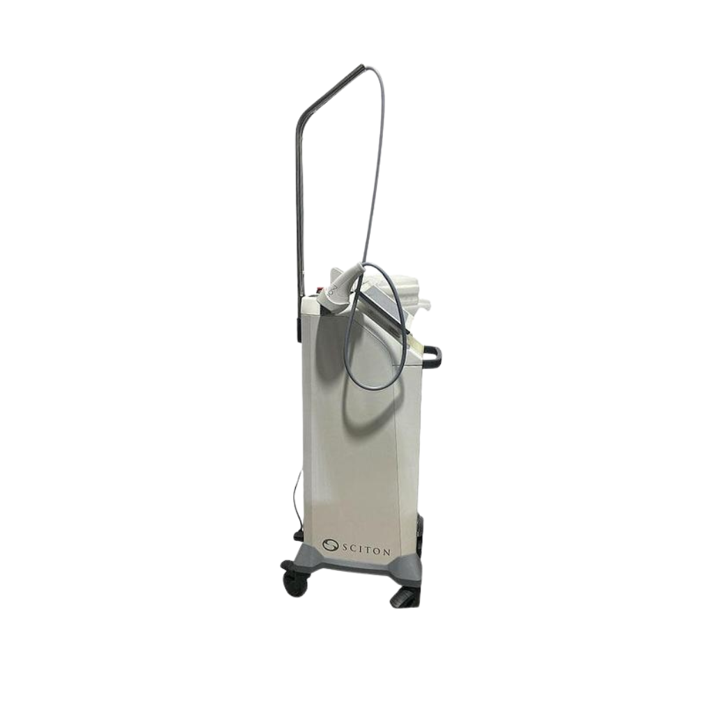 2020 Sciton mJoule with Moxi_BBL_HERO right side view showing the upright body with handpiece cable and rolling base