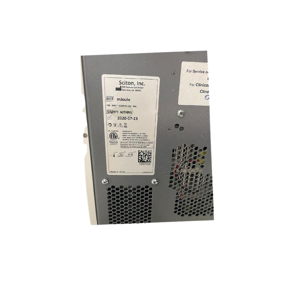 2020 Sciton mJoule with Moxi_BBL_HERO serial number view showing the rear panel with manufacturer label and rating information