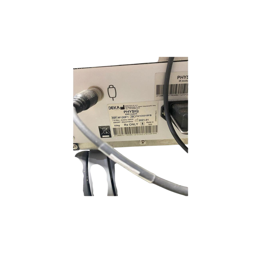 2021 DEKA PHYSIQ serial number view showing the rear panel with manufacturer label and connector cable attached
