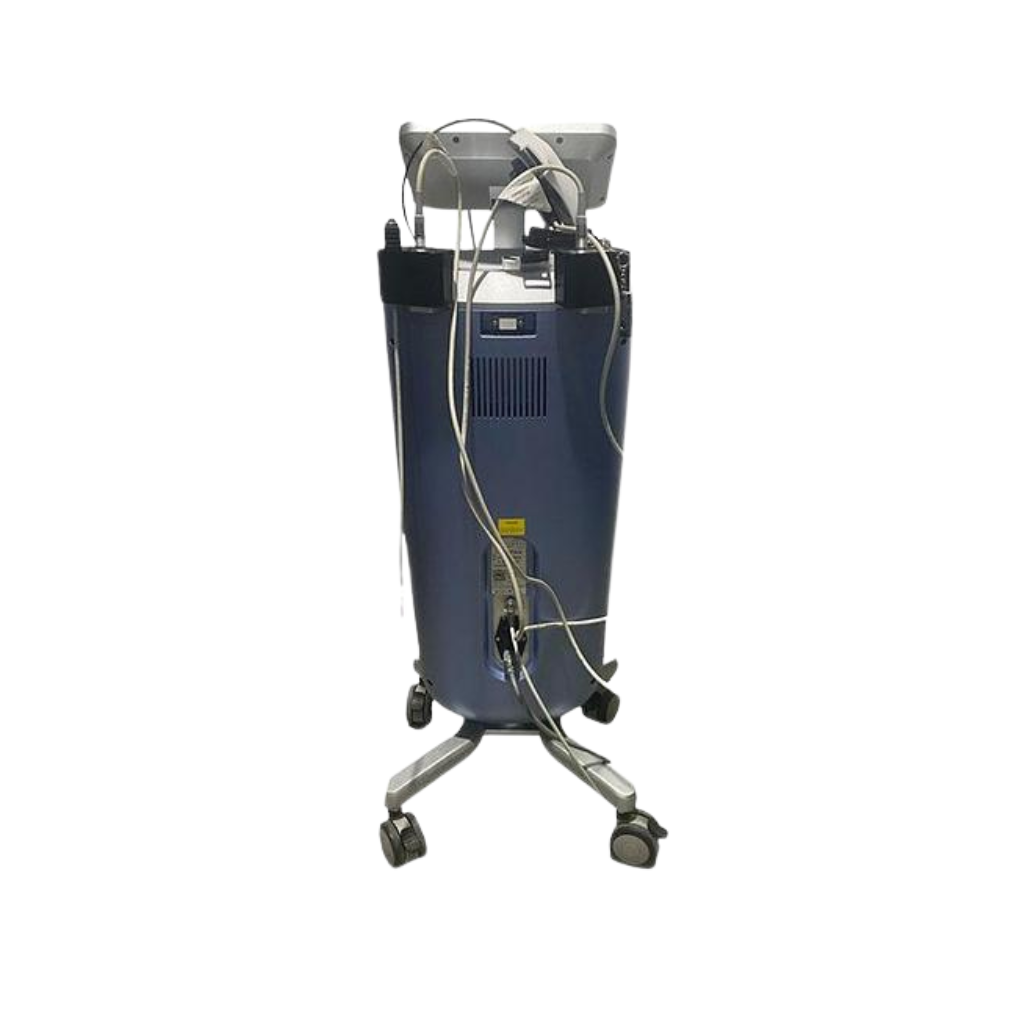 2021 InMode Evoke back view showing the upright cylindrical body with rear connector panel, cables, and rolling base