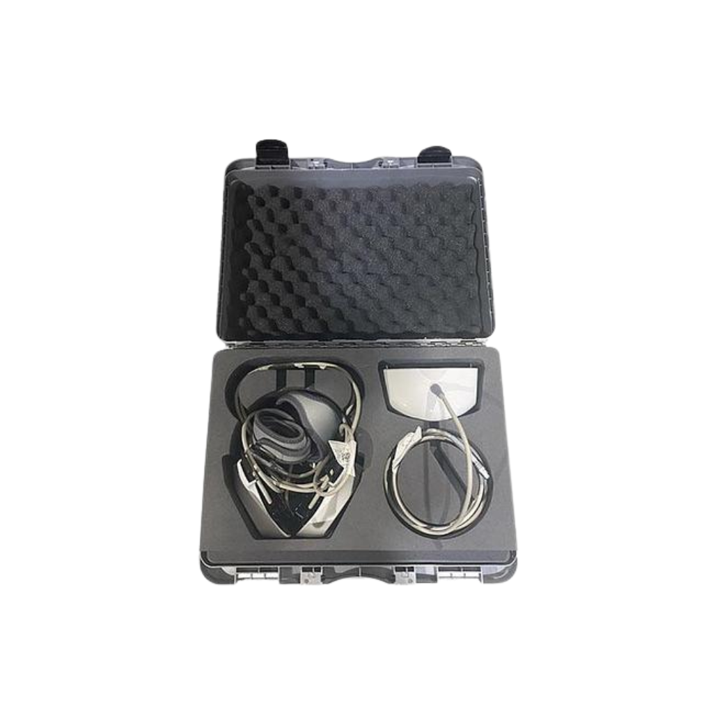 2021 InMode Evoke case view showing an open black carrying case with foam insert holding treatment applicators and coiled cables