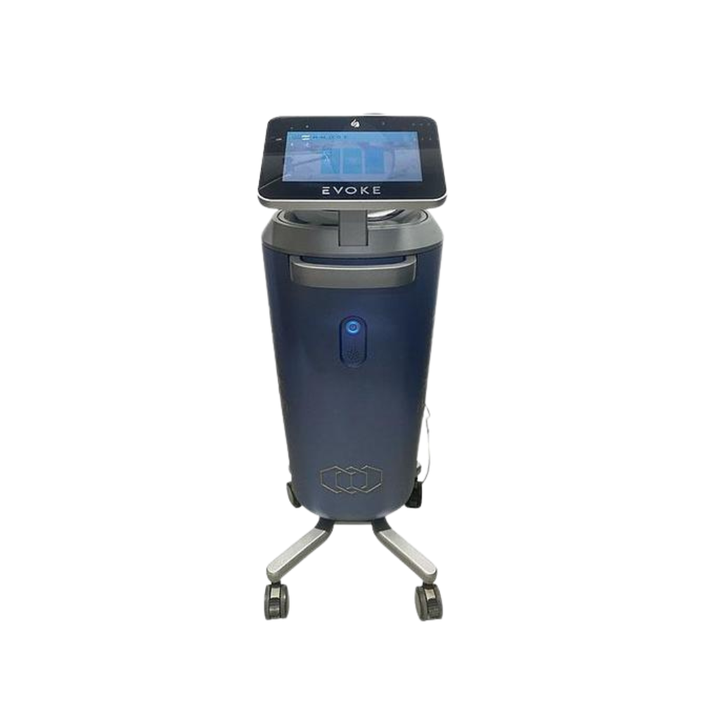 2021 InMode Evoke front view showing the upright cylindrical body with display screen and rolling base