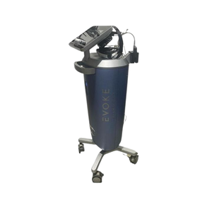 2021 InMode Evoke left side view showing the upright cylindrical body with display screen, applicator holder, and rolling base