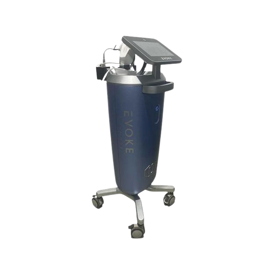 2021 InMode Evoke right side view showing the upright cylindrical body with tilted display screen and rolling base