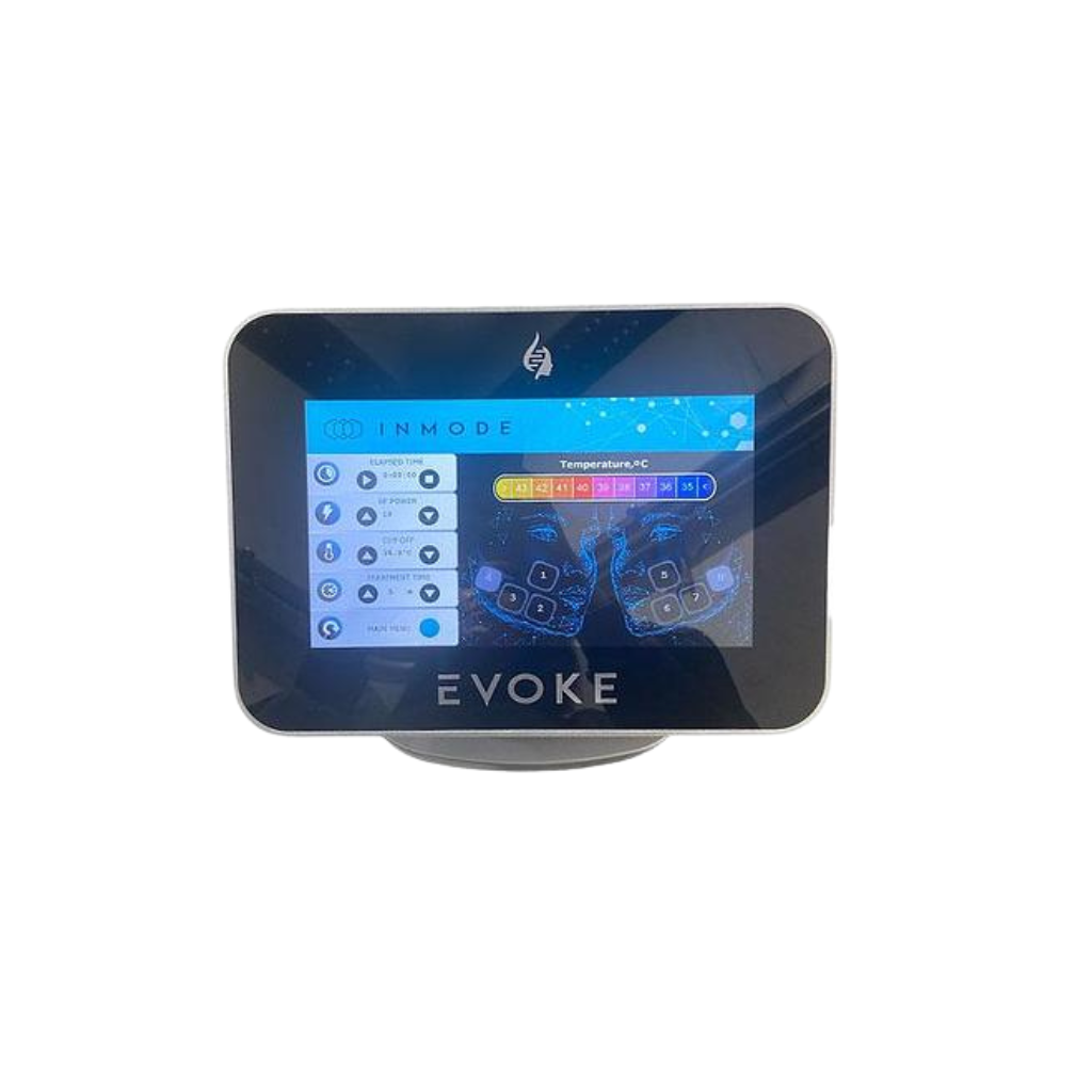2021 InMode Evoke screen view showing the display screen with the Evoke logo and treatment settings