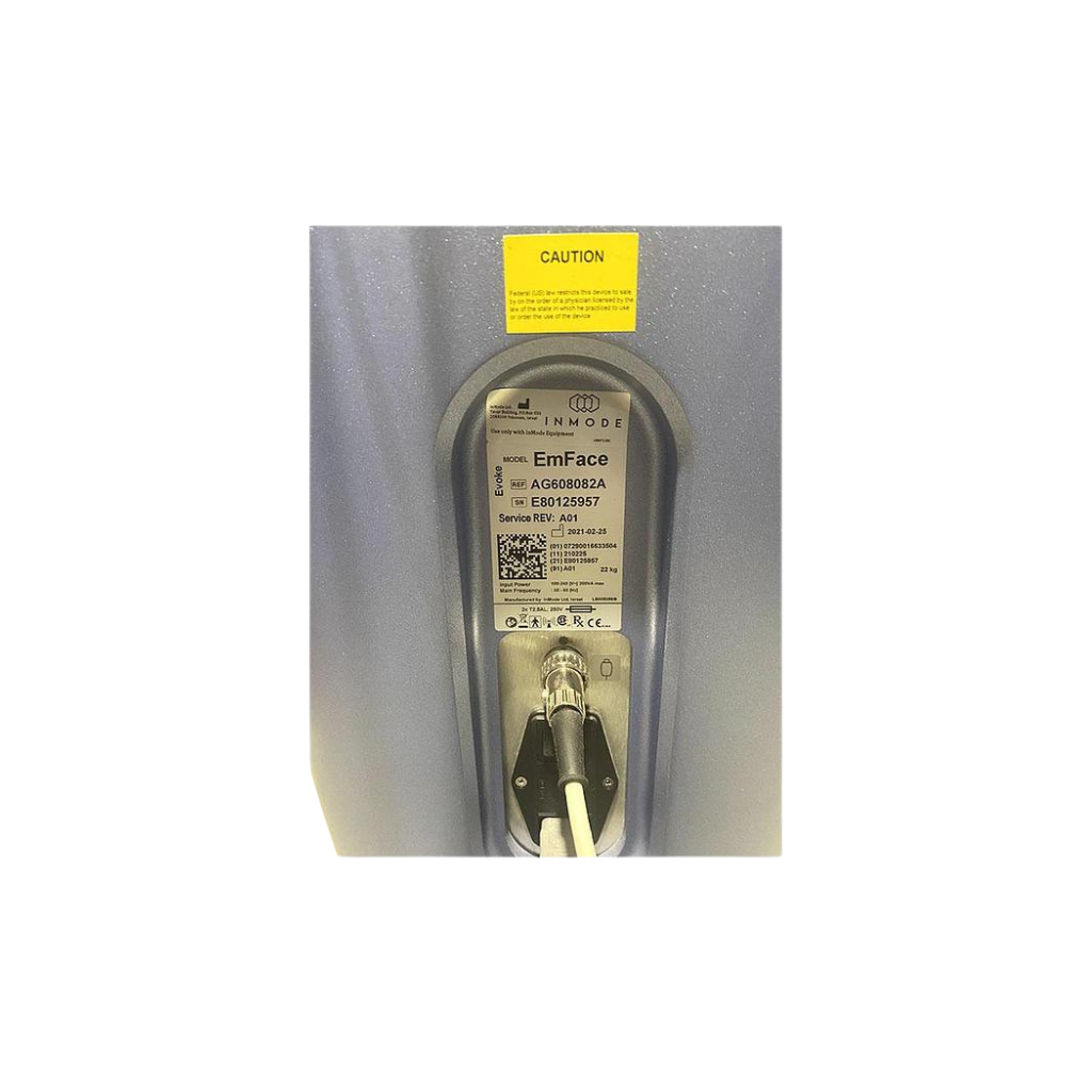2021 InMode Evoke serial number view showing the manufacturer label and caution notice set into the device body